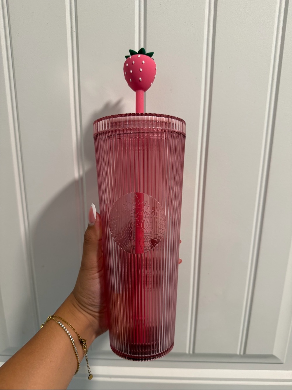 Strawberry Pink Ribbed Reusable Tumbler with Straw